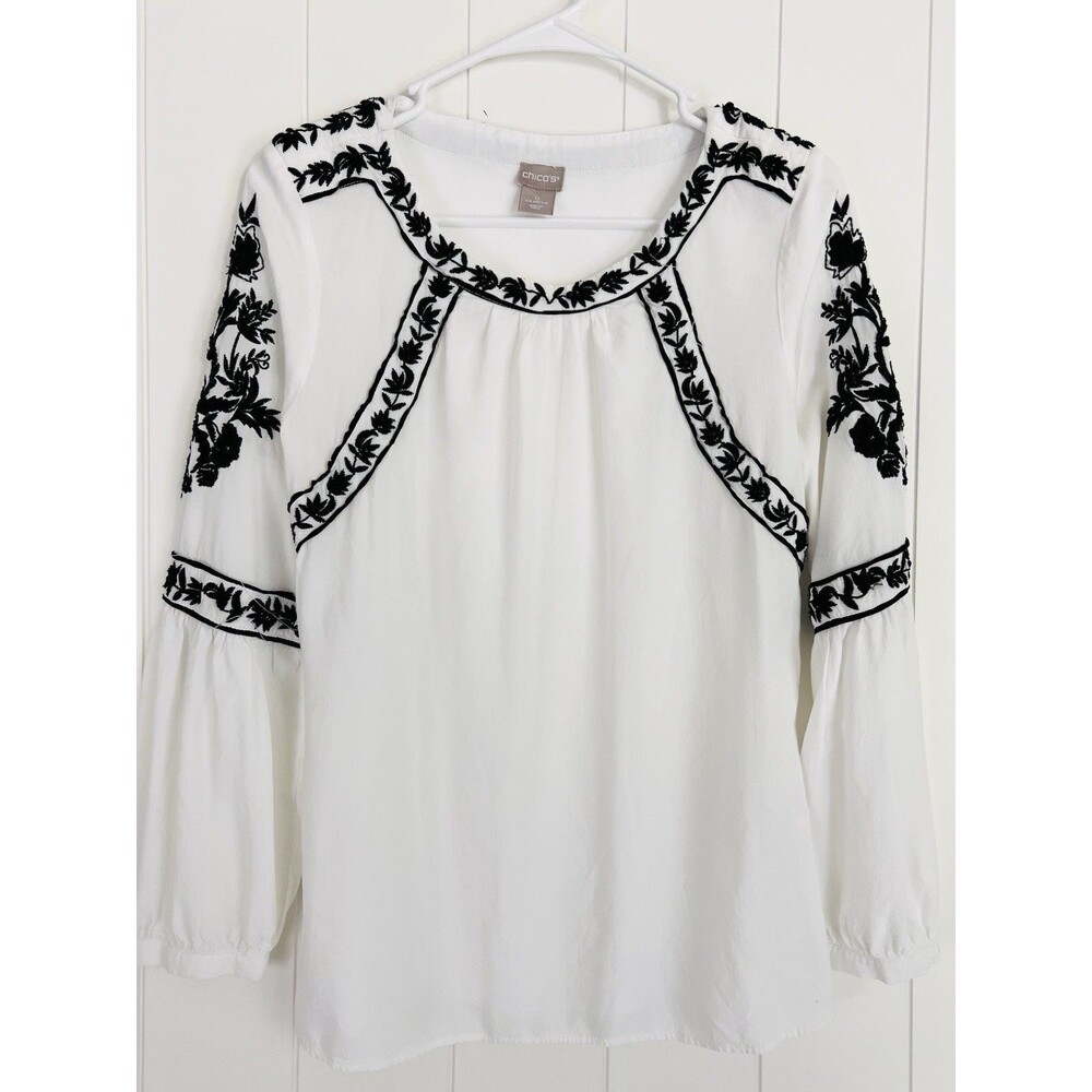 Chicos White with Black Trim 100% Indian Rayon Flowy Boho Blouse Size 0 (Small)
